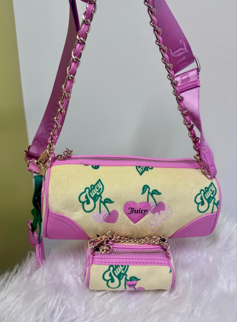 Juicy Couture Heritage Cherry Barrel Bag Yellow Charm Mini Crossbody NEW